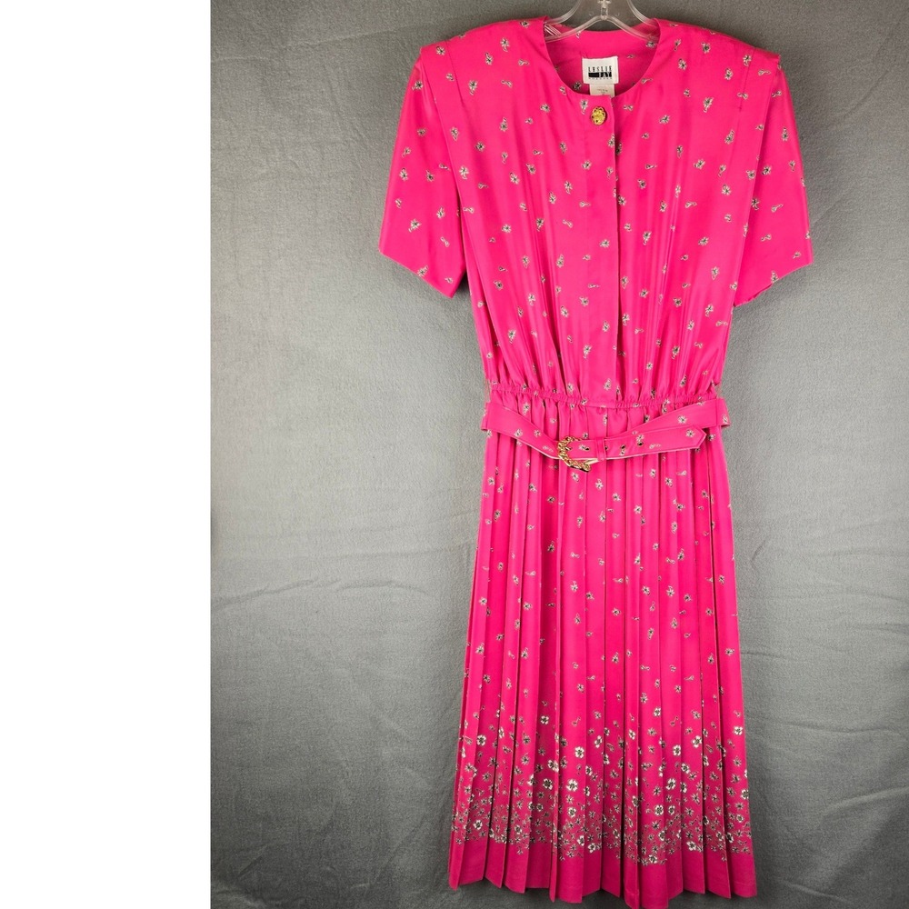 Vtg 1980s Leslie Fay Midi Dress sz 10 Hot Pink Floral Pleated Skirt Garden Party